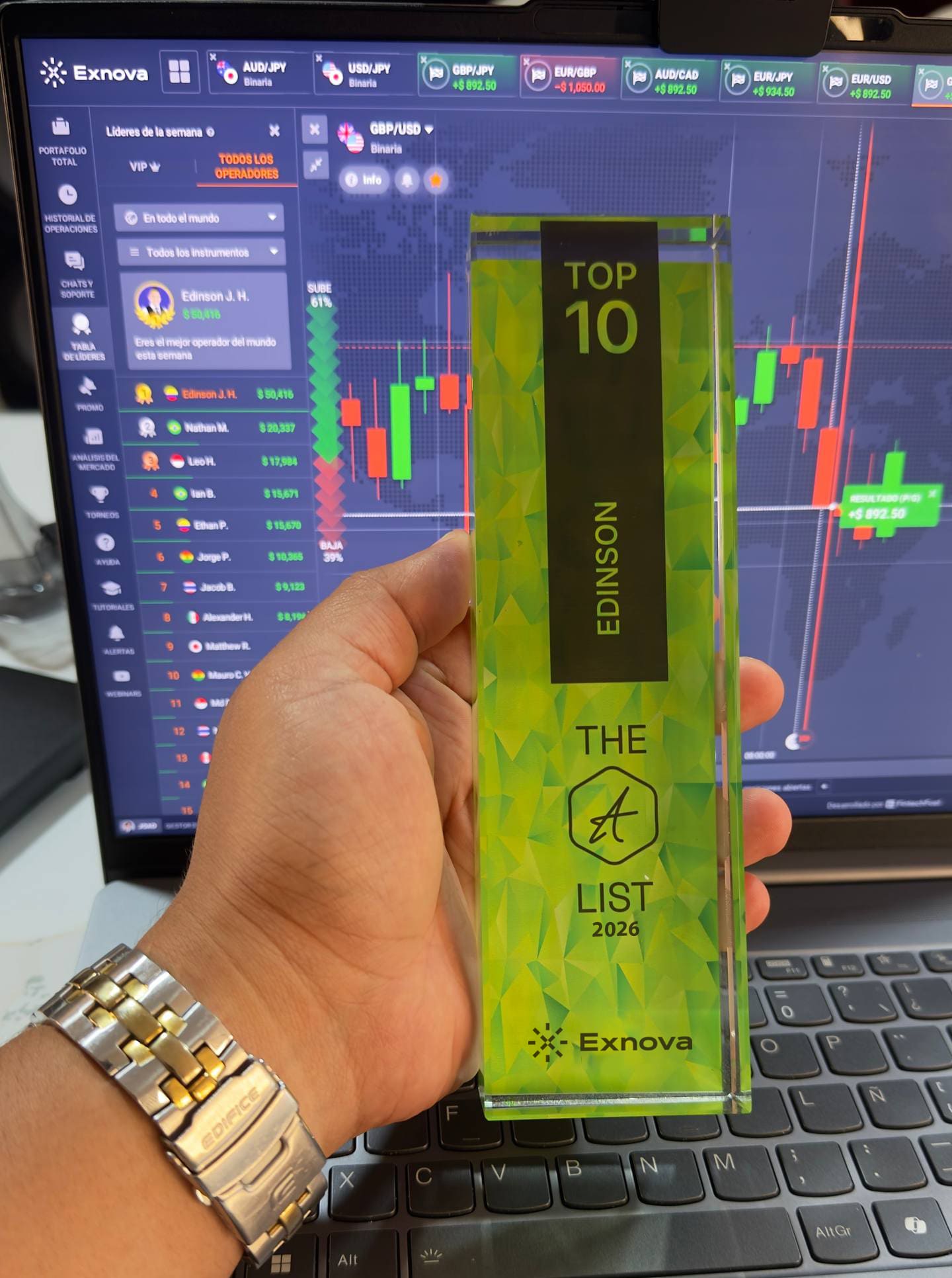 Edinson J. Hernandez recibiendo el Premio al Mejor Trader de Colombia 2026 por la plataforma Exnova